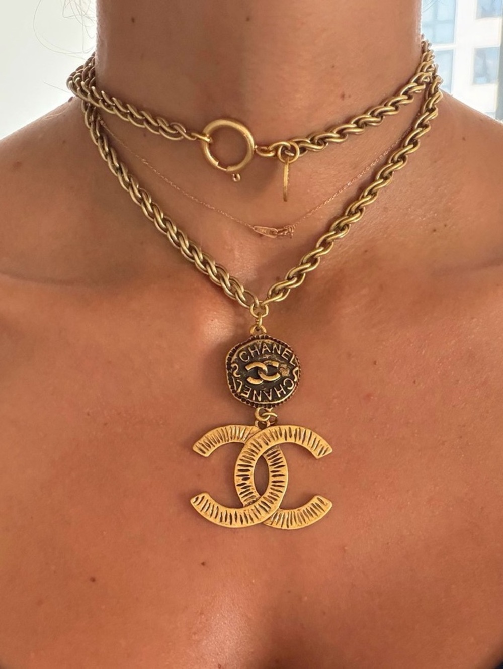 Chanel Vintage CC Textured Medallion Pendant Necklace Gold